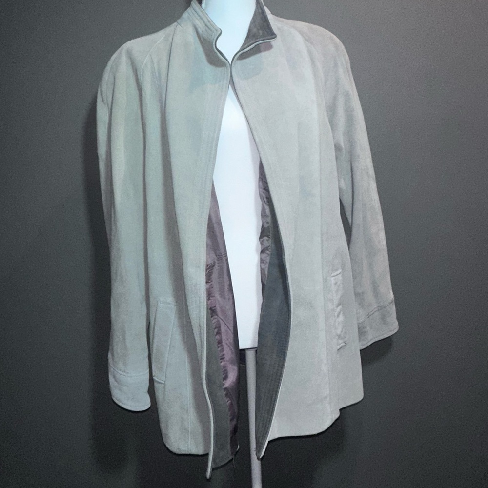 Jordache 100% Leather Suede Jacket – Taupe Gray Open Front Lined Coat